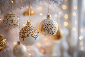 Elegant white and gold Christmas ornaments hanging on a festive tree with soft glowing lights creating a warm and cozy holiday atmosphere indoors