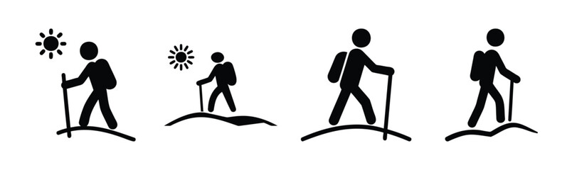 Hiking and trekking person icons with backpack and stick