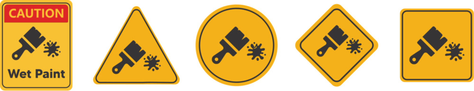 Set of wet paint warning signs vector illustration of caution symbols in various shapes isolated on white background