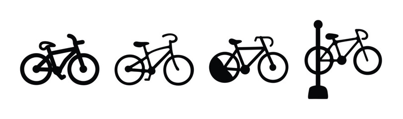 Fototapeta premium Cycling icons set with different bicycles and a bike rack