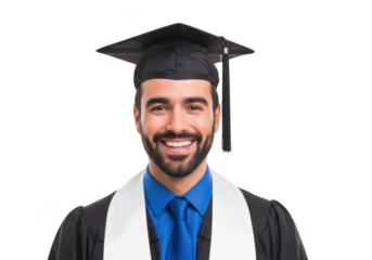 A smiling young man wearing a graduation cap and gown with a blue shirt and tie celebrating his academic achievement