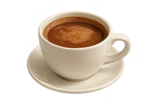 White cup with hot coffee beverage and foam