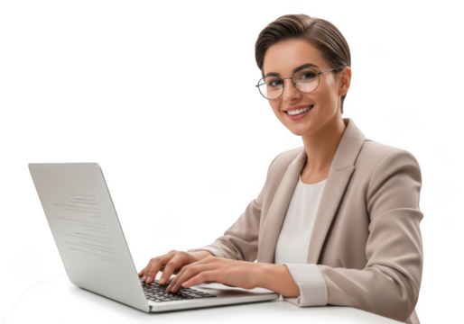 Smiling professional woman with short brown hair wearing glasses and a beige blazer works on a silver laptop computer