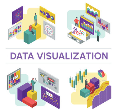 Data visualization set of isometric illustrations. Data tools finance diagram, bar chart and area graphic. 3D statistical and marketing vector elements for web site, presentation, apps, infographics