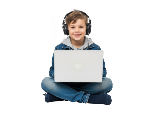 Joyful young boy with headphones sits cross legged on a black background happily holding a white laptop computer