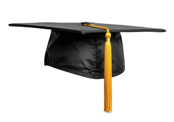 A black graduation cap with a golden tassel hangs against a stark black background symbolizing academic achievement and the culmination of educational endeavors