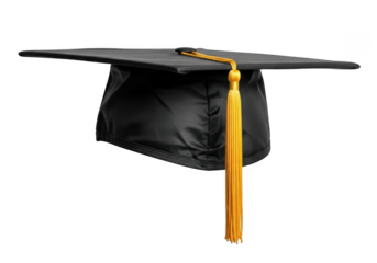 A black graduation cap with a golden tassel hangs against a stark black background symbolizing academic achievement and the culmination of educational endeavors