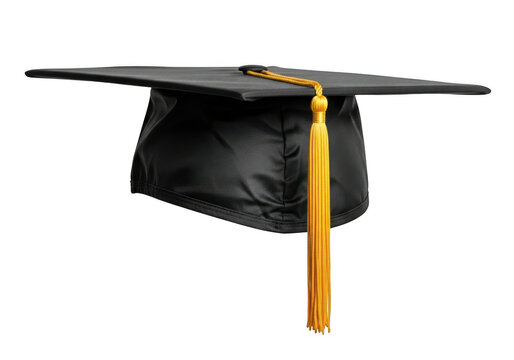 A black graduation cap with a golden tassel hangs against a stark black background symbolizing academic achievement and the culmination of educational endeavors