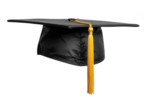 A black graduation cap with a golden tassel hangs against a stark black background symbolizing academic achievement and the culmination of educational endeavors