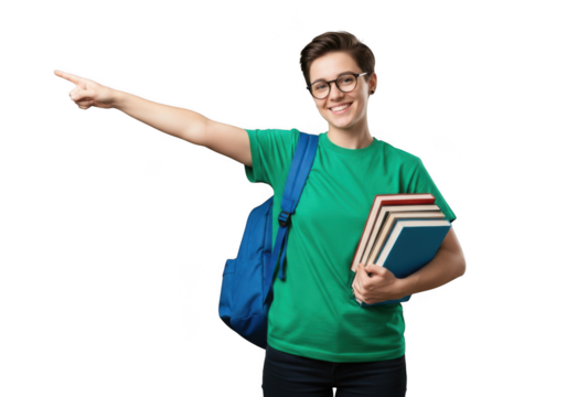A smiling young student wearing glasses and a green t shirt with a backpack and books points to the left against a black background - Powered by Adobe