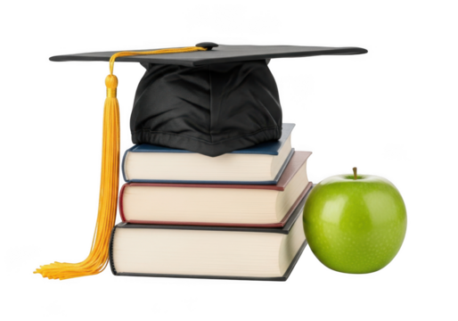 Graduation cap and books stacked high with a bright green apple symbolizing education and achievement on a black background - Powered by Adobe