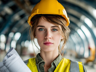 Determined female construction engineer wearing safety gear and holding blueprints while inspecting an architectural site with structural framework behind her