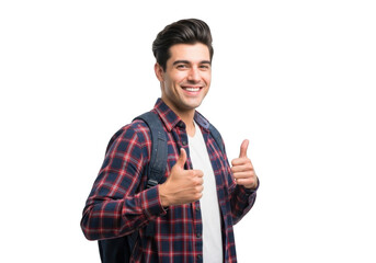 Young male student with backpack and thumbs up gesture expressing enthusiasm and success against a black background