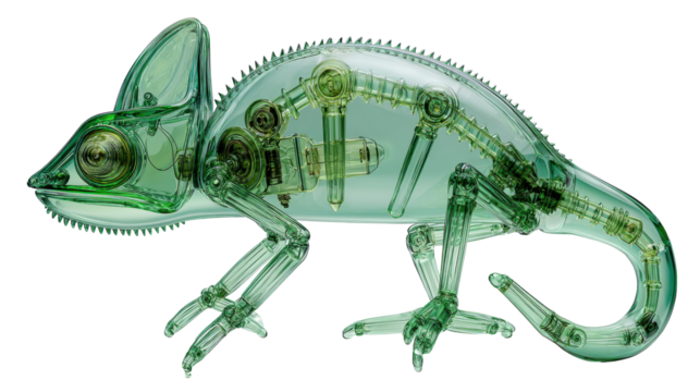 Intricate crystal chameleon sculpture with internal mechanisms creates a mesmerizing fusion of nature and mechanics perfect for creative design concepts