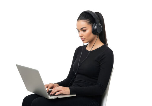 Focused young woman wearing headphones works diligently on a laptop computer against a stark black background demonstrating concentration and modern technology use - Powered by Adobe