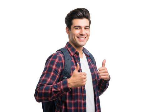 Young male student with backpack and thumbs up gesture expressing enthusiasm and success against a black background - Powered by Adobe