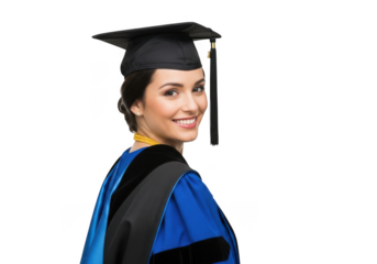 Smiling woman in academic regalia graduation cap and gown celebrating educational achievement and future success