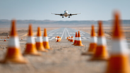 Blurred safety cones and runway elements in front, sharp airplane landing behind, Saudi desert horizon, with copy space