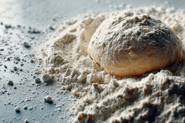 Freshly kneaded dough sits on a floured surface, surrounded by scattered flour, showcasing the art of baking and the texture of ingredients in a culinary environment