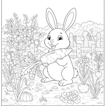 Adorable bunny holding a fresh carrot in a beautiful spring garden scene, perfect for children's coloring activities and nature-themed illustrations that spark creativity