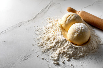 Freshly made dough balls resting on a flour-covered surface, accompanied by a wooden rolling pin, showcasing the art of baking and preparation in a kitchen environment