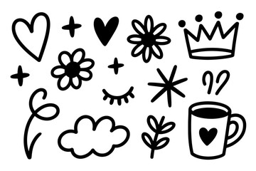 cute hand-drawn doodle set with hearts, stars, flowers, crown, cloud, leafy sprigs, sparkles, eyelashes, and coffee cup in simple, minimal black outline style