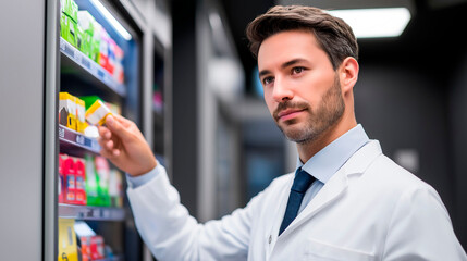 Confident caucasian male pharmacist in white coat selecting medication from pharmacy shelf in modern drugstore