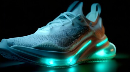 A sleek pair of white sneakers with glowing turquoise accents, showcasing modern design and innovative technology.