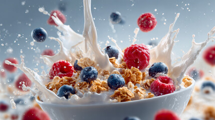 Splash of creamy milk mixing with crunchy granola and fresh raspberries and blueberries in a white bowl captured in dynamic motion against a soft blue background