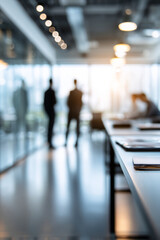 Blurred office environment showcasing business professionals engaged in discussions, modern conference room with abstract backdrop for corporate presentations and teamwork concepts