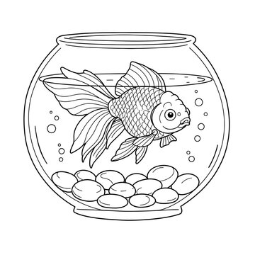 Detailed line art illustration of a goldfish in a glass fishbowl with pebbles. Perfect black and white outline drawing for a relaxing coloring activity, ideal for children and adults