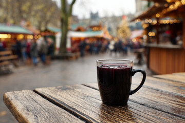 Mug of warm mulled wine resting on a rustic wooden table, surrounded by a festive Christmas market atmosphere, with twinkling lights and cheerful holiday spirit