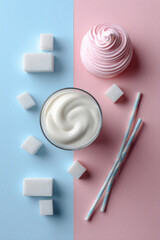 Glass of milk with piped meringue swirl, sugar cubes, and paper straws arranged in a minimalist flat lay on pastel background, showcasing clean Scandinavian design and playful composition