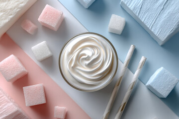 Flat lay illustration featuring a glass of milk, piped meringue swirl, sugar cube stack, and paper straws arranged across a pastel background with minimalist design and copy space for creative use