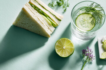 Triangle cucumber sandwich with fresh radish, sprig of dill, and sparkling water with lime wheel, beautifully arranged in a minimalist flat lay on a pastel background with copy space