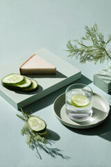 Triangle cucumber sandwich with sliced radish, sprig of dill, and sparkling water in a minimalist flat lay on a pastel background, showcasing a clean Scandinavian aesthetic with copy space