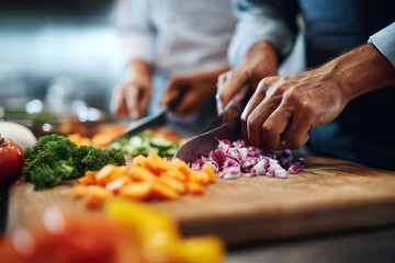 close-up friends cooking together chopping vegetables, hands interacting, supportive energy, 