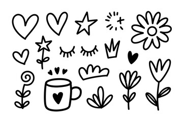 Obraz premium cute hand-drawn doodle set with hearts, stars, flowers, eyelashes, sparkles, crown shapes, leafy stems and coffee mug in simple minimal black outline style