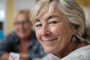 close-up older and younger friends playing cards at kitchen table, intergenerational bonding,