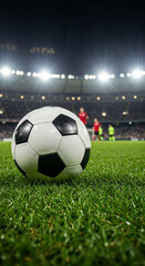 Fototapeta premium Classic football on grass at stadium, vibrant match-day scene