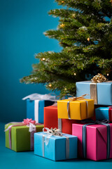 Christmas tree adorned with vibrant presents in various colors, beautifully wrapped and arranged under the tree, creating a festive atmosphere with cheerful holiday spirit and bright decorations