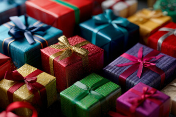 A close-up of a vibrant assortment of Christmas gifts wrapped in colorful paper and decorated with glittery ribbons, creating a festive atmosphere perfect for holiday events and gift exchanges.