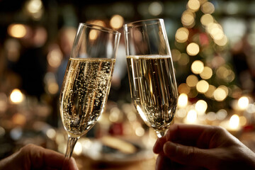 Close-up of elegant champagne glasses clinking together in celebration, sparkling bubbles rising, with a festive atmosphere and blurred holiday decor creating a joyful New Year's Eve moment
