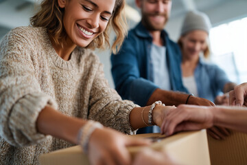 close-up friends volunteering together packing donation boxes, supportive teamwork, warm connection,