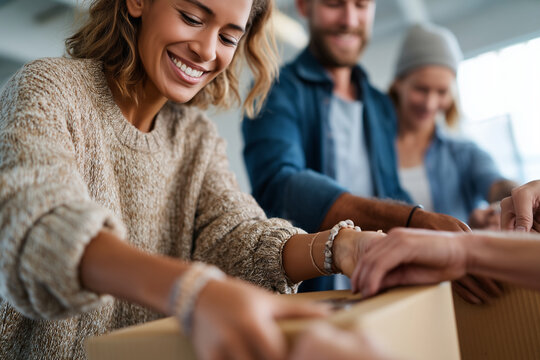 close-up friends volunteering together packing donation boxes, supportive teamwork, warm connection, 