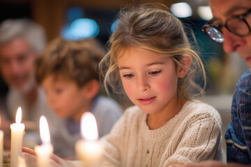 Fototapeta premium close-up mixed-age chosen family group lighting candles for intimate dinner, warm atmosphere, deep connection, 