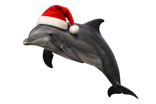 Dolphin wearing a Santa hat. Christmas designs. Holiday cards. Winter projects.