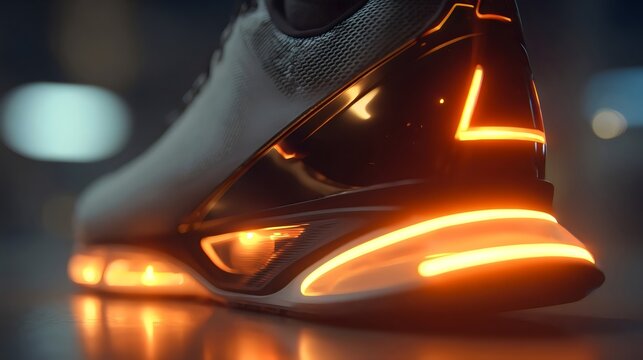 Close-up of a futuristic sneaker featuring glowing accents and a sleek design.