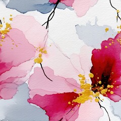 Seamless pattern of watercolor flowers with soft colors and golden drops creating delicate floral pattern in bright artistic scene