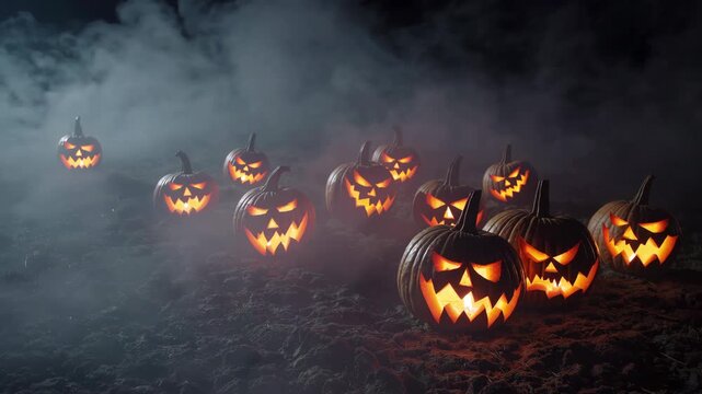 Creepy Carved Pumpkin Faces Illuminated in the Deep Darkness of Halloween Night